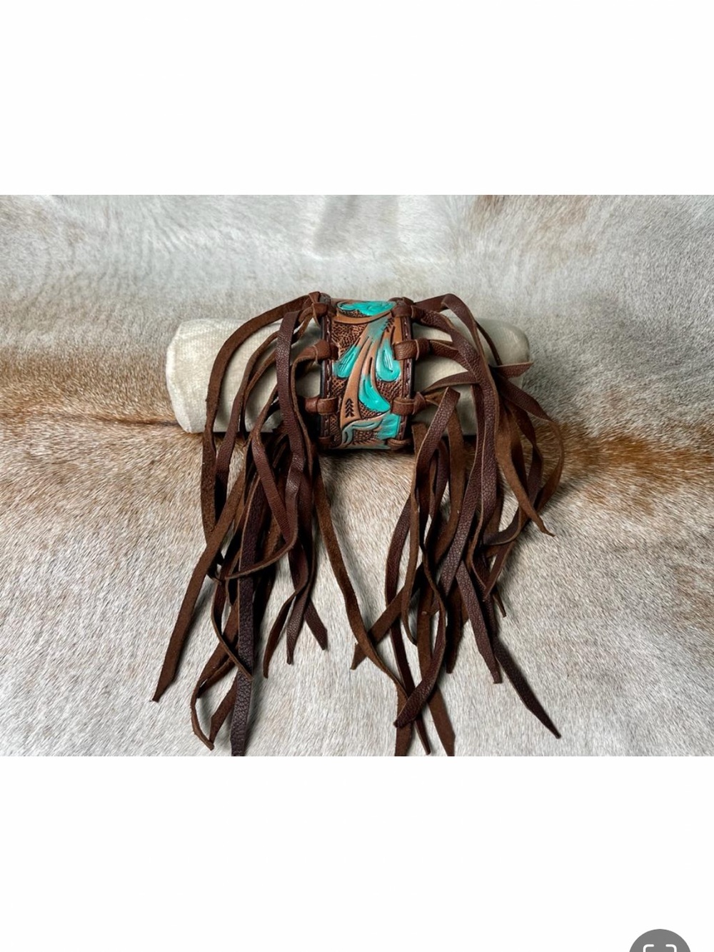 Turquoise Tooled Accent Brown Leather Fringe Wristlet